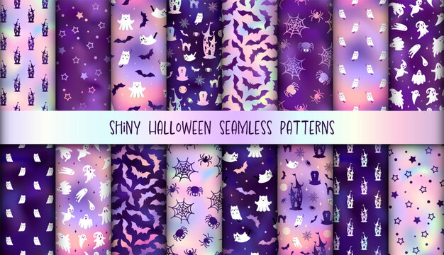 Vector set of Halloween seamless patterns set. Cute holographic gradient spooky print with ghost cat, bat, spider, grave, dark castle. Purple foil Halloween backgrounds for wrapping, decor, wallpaper.
