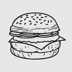 Simple burger logo or icon style for coloring books, black vector illustration on transparent background
