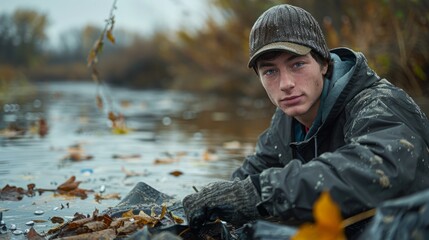 A young man in a hat and jacket cleans up trash from a river in a forest setting. He is looking directly at the camera and appears to be focused on the task at hand.