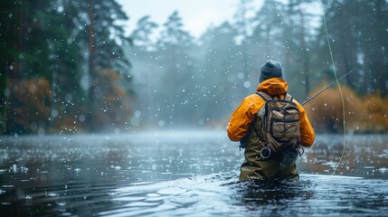 A lone fisherman wades through a river during a rainy autumn day, the water level is high and the surrounding forest is blurred by the rain.
