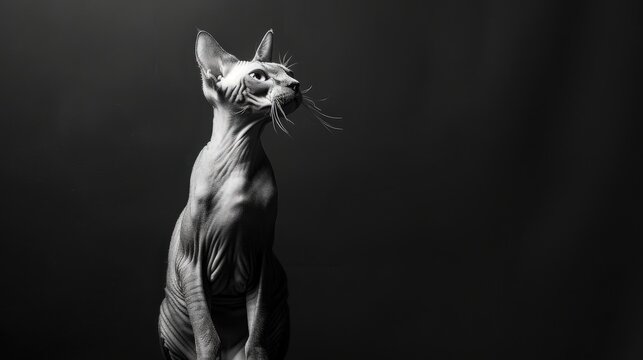 Studio photo of a hairless Minskin cat with striped fur