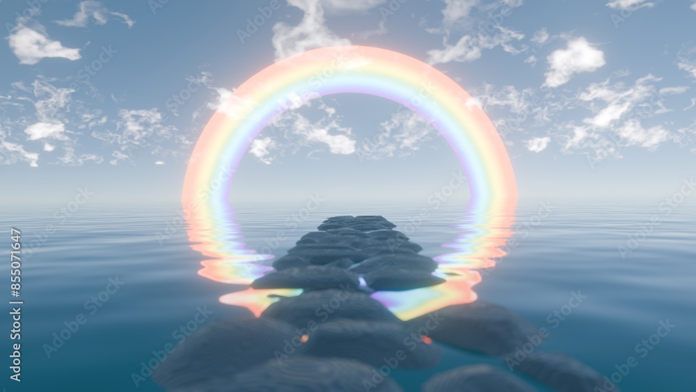 Poster 3d digital art of a serene seascape with a rainbow reflected on calm waters