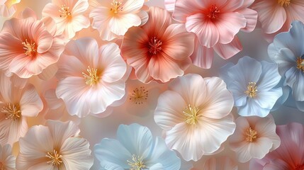A delicate arrangement of pastel pink, white, and blue flowers, creating a soft and romantic background.