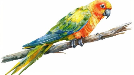 Fototapeta premium Watercolor illustration of a parrot with multicolored plumage. The lively setting highlights the bird's striking colors.