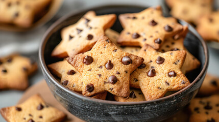A bowl filled with chocolate chip cookies placed on a wooden table.Generative AI