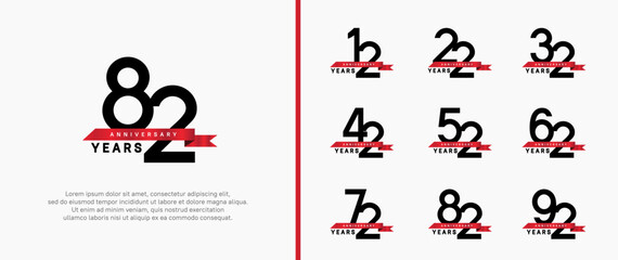 anniversary logo style set. vector design black color with red ribbon for celebration moment