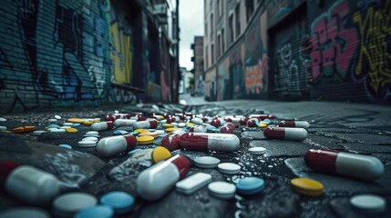 dark and gritty urban alleyway with graffiti and scattered pills abstract photo manipulation