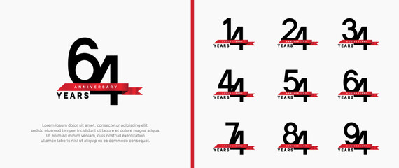anniversary logo style set. vector design black color with red ribbon for celebration moment