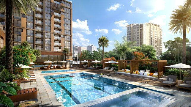 Courtyard with swimming pool and palm trees