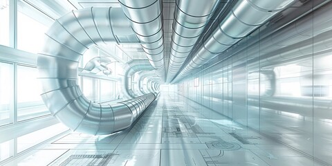 Obraz premium Futuristic Industrial Ventilation System with Architectural Blueprint Overlays
