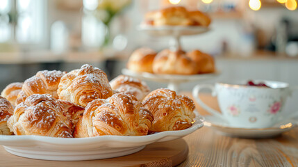 Fresh baked cruffins trend pastry on big vintage platter.Generative AI