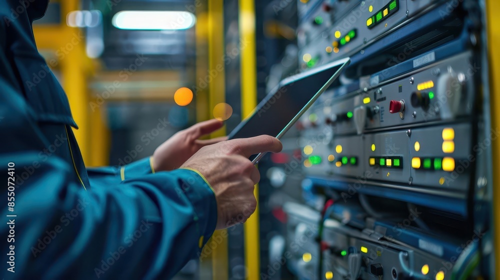 Aufkleber data center engineer with tablet monitoring supercomputer servers for cyber security protection