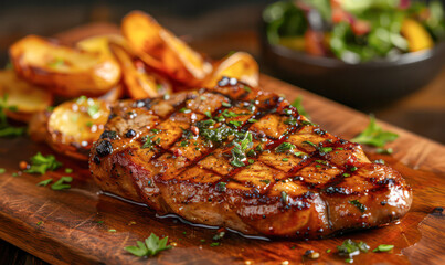 Grilled pork chop steak with baked potatoes and salad.Generative AI