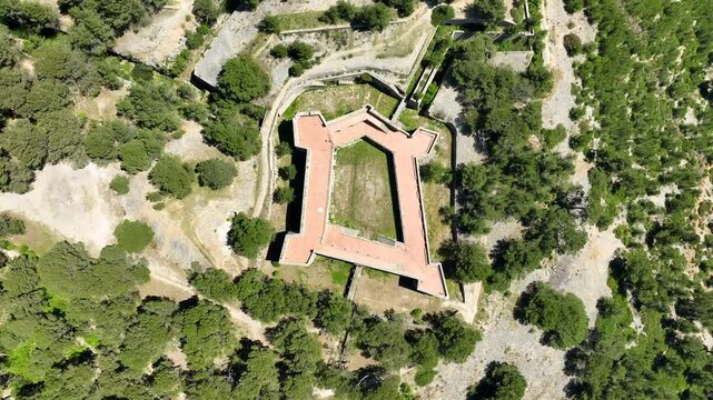 Spiraling Top Down Aerial View of Fort Faron in Toulon - Sunny Day