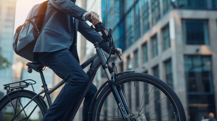 Close up view of a businessman wearing a neat suit and tie going to work by bicycle through the city streets. Background of tall urban office buildings.