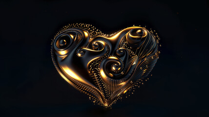 3D swirling heart design with metallic textures, golden and black color scheme. Dark background. shiny heart. Ideal for Valentine's Day themes, love, romance, and artistic designs. golden heart.