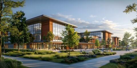 Fototapeta premium Modern Office Building with Landscaping and People