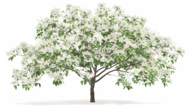 delicate amelanchier tree blossoming with white flowers isolated on white 3d render