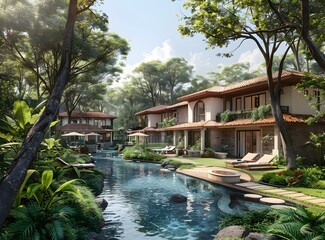 Naklejka premium A beautiful resort with a pool and a tropical garden