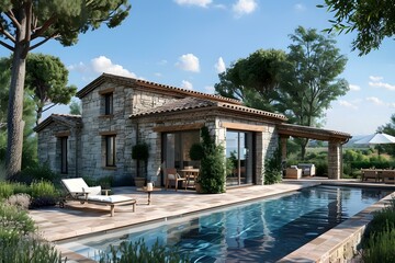 Naklejka premium Luxury Stone Villa with Pool and Garden