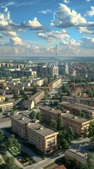 Fototapeta premium An aerial view of a city with blue sky and white clouds