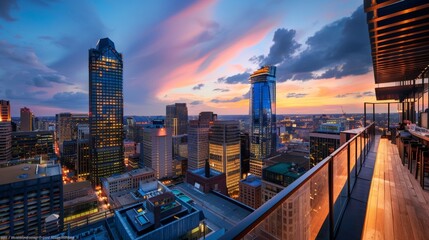 Obraz premium A skyline view from a rooftop bar, featuring the tallest buildings of the capital city against a twilight sky
