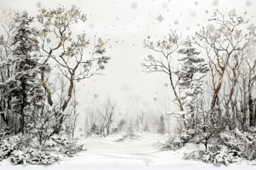 A serene, snowy forest scene with tall trees and falling snowflakes, evoking a peaceful winter atmosphere.