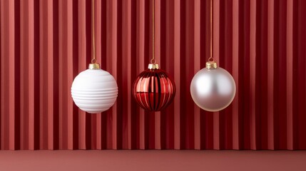 Beautifully crafted glass and wooden Christmas ornaments suspended against a rich red 3D backdrop, perfect for showcasing your holiday designs in a stylish and festive setting