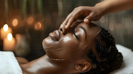 Attractive african girl enjoying face massage in spa salon.