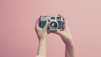 Female hand holding old vintage photo camera on pink background with copy space for text. Trendy vintage photography, online photography school concept. Selective focus. 