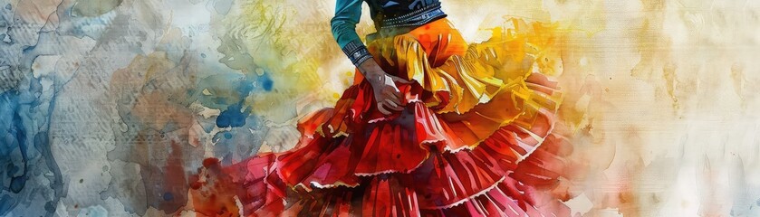 Fototapeta premium Woman in a traditional Spanish flamenco dress, ruffled layers, watercolor style, vibrant colors, space for text on the left,