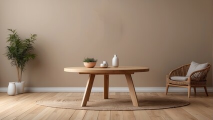 Interior home of dining room with circle wooden dining room table on pastel brown wall copy space, Scandinavian style