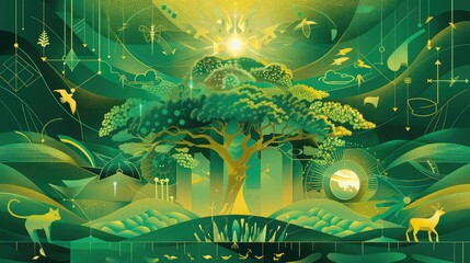 Obraz premium Earth with a majestic tree, animals, and renewable energy, symbolizing harmony and sustainability, Art Deco, Gold and green, Illustration, Symmetrical design