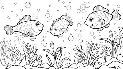 coloring book for kids. Coloring book fish. Children's coloring book black and white, fish swim and seaweed. Generative Ai