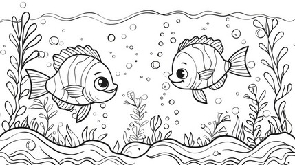 Fototapeta premium coloring book for kids. Coloring book fish. Children's coloring book black and white, fish swim and seaweed. Generative Ai
