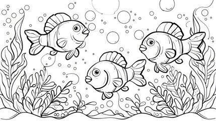coloring book for kids. Coloring book fish. Children's coloring book black and white, fish swim and seaweed. Generative Ai