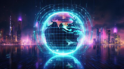 Obraz premium A globe with global business connections and data exchange, Cyberpunk, Bright neon colors, 3D rendering