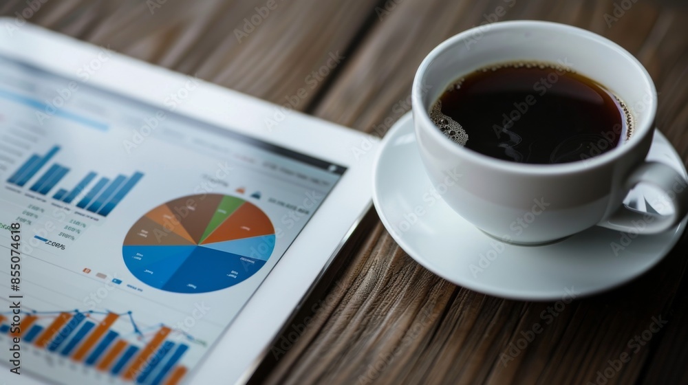 Poster a tablet with financial graphs and charts lying on a desk next to a cup of coffee, illustrating morn