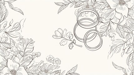 Continuous line drawing of a wedding banner with rings and flowers, Minimal, Vector, Clean and elegant