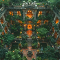 Obraz premium an ancient city depicted in this architectural illustration, where vibrant textures and old-town styling converge to create a mesmerizing forest from drone view.