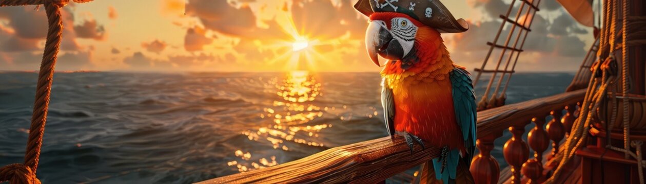 Pirate parrot with a treasure map banner, wearing a pirate hat and eye patch, on the deck of a pirate ship, with the ocean and setting sun behind, Digital Art