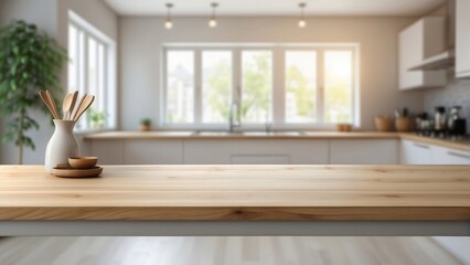 empty wooden table top counter on blur defocused bokeh modern kitchen background for product montage