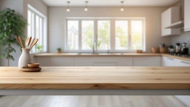 empty wooden table top counter on blur defocused bokeh modern kitchen background for product montage