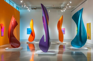 AI generated illustration of a modern art gallery with colorful, abstract sculptures