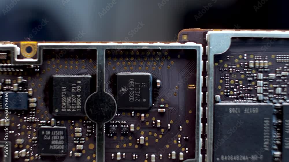 Poster dolly view depicts a close-up view of an electronic circuit board featuring various components such 