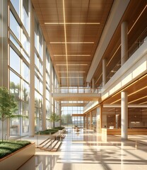 Modern Architecture Lobby with Wooden Ceiling and Large Windows