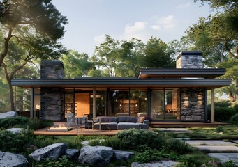 Modern house in the forest with a fire pit