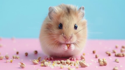 Dwarf fluffy hamster eating grains on pink and blue backdrop