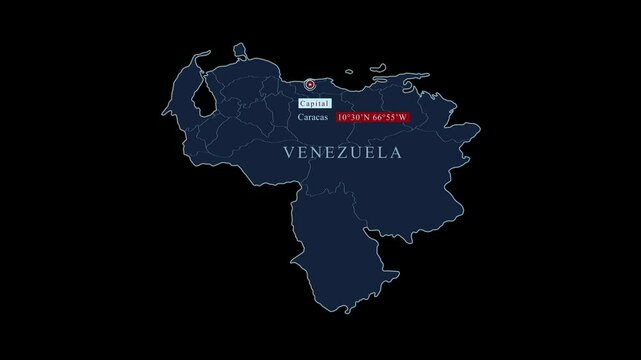 Blue stylized Venezuela map with Caracas capital city and geographic coordinates on black background. Motion graphic vfx digital animation