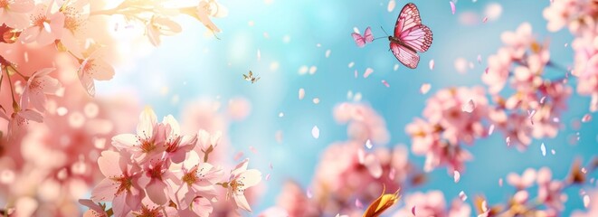 Beautiful spring cherry blossoms background, butterflies flying around, scenic view